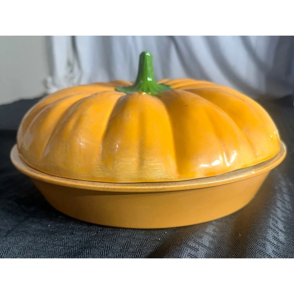 Vintage Ceramic Pumpkin Pie Keeper Dish w Lid Fall Thanksgiving Cottagecore
